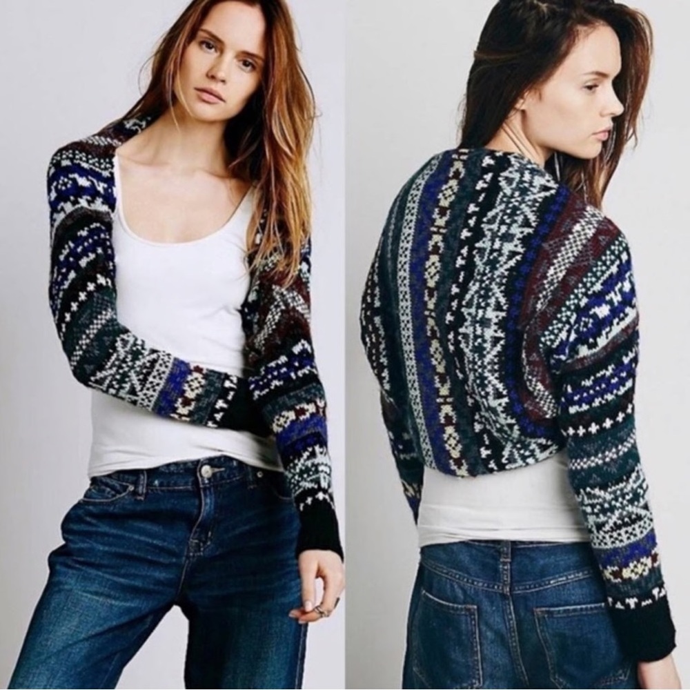 FREE PEOPLE | Mohair Wool Blend Fair Isle Shrug Sweater Lace Lining Burgundy